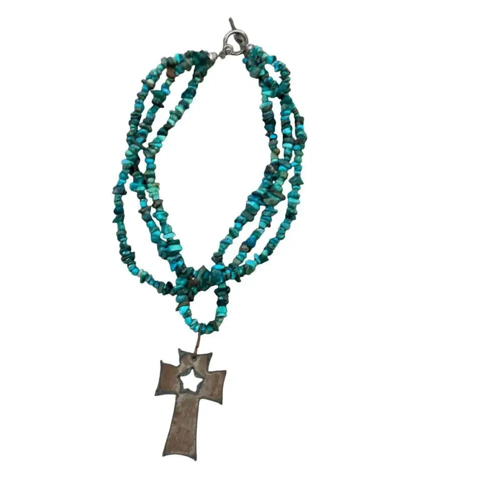 Vintage Women's Turquoise Multi Strand Nugget Cross Necklace